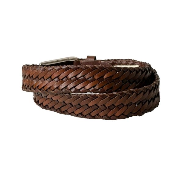 John W Nordstrom Dress Belt Mens 38 Brown Woven Leather Silver Brass Buckle - Picture 2 of 8
